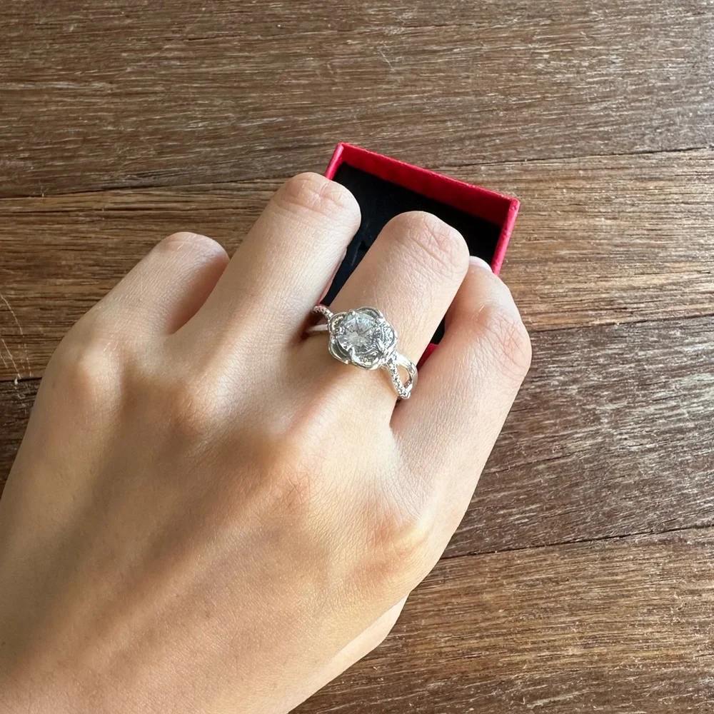 Silver Tone Floral Halo CZ Engagement Ring Size 8.25 Statement Ring